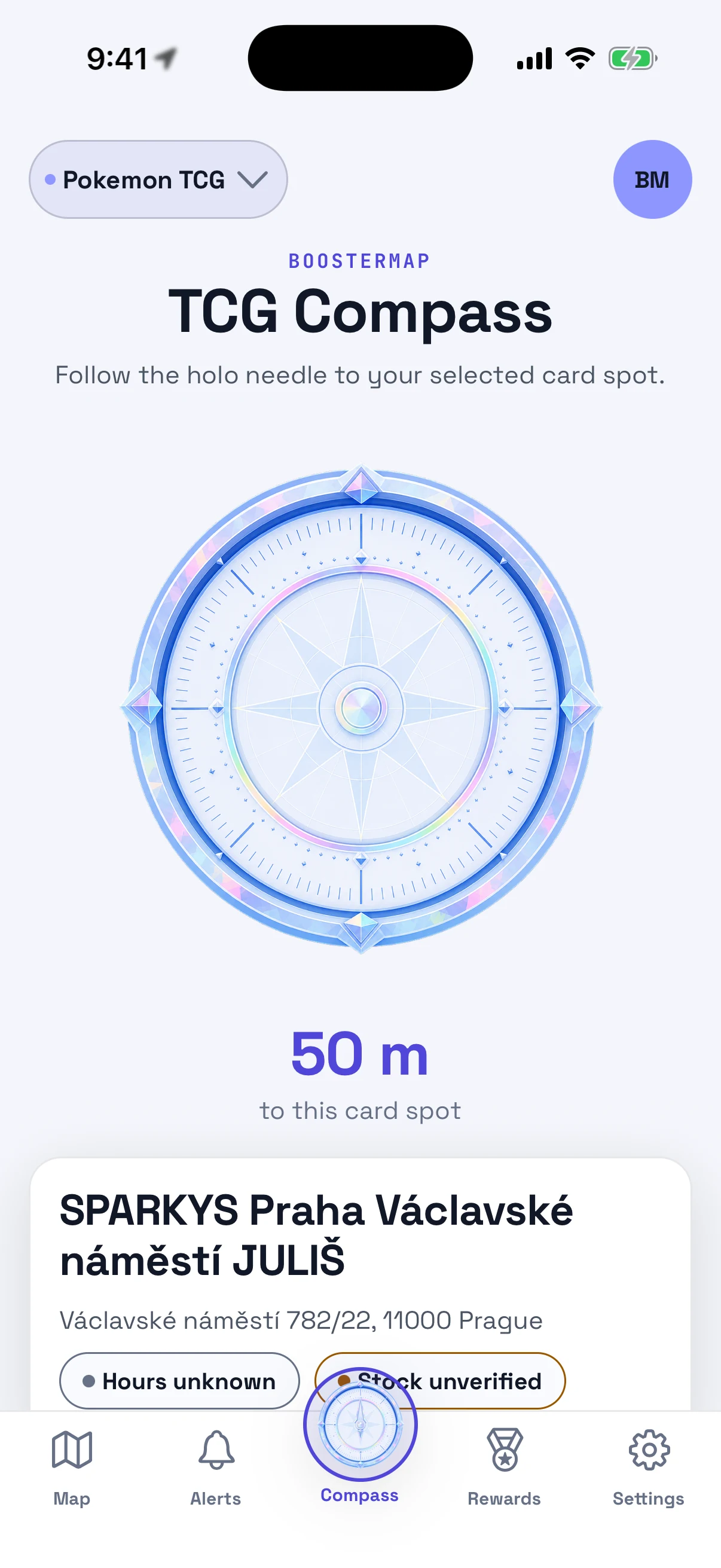 BoosterMap TCG Compass showing the distance to a nearby card spot