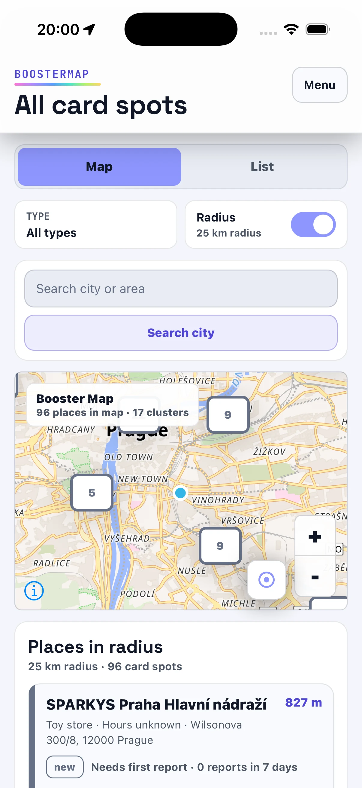 Real BoosterMap Home screen running on iOS